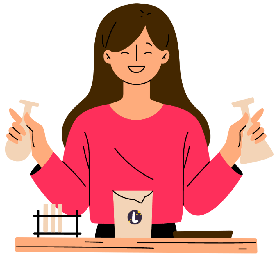 Brown-haired woman wearing long-sleeve pink top, smiling and holding a conical flask in each hand, in front of a table ft. test tubes and a beaker