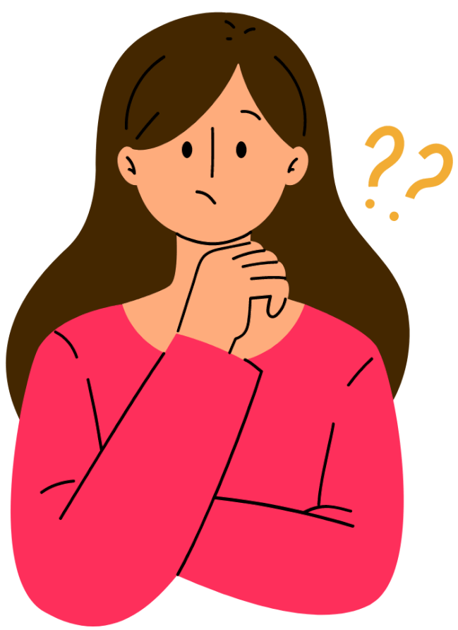 Illustrated brown-haired woman wearing pink long-sleeve top making a thinking face, with two question marks to her right